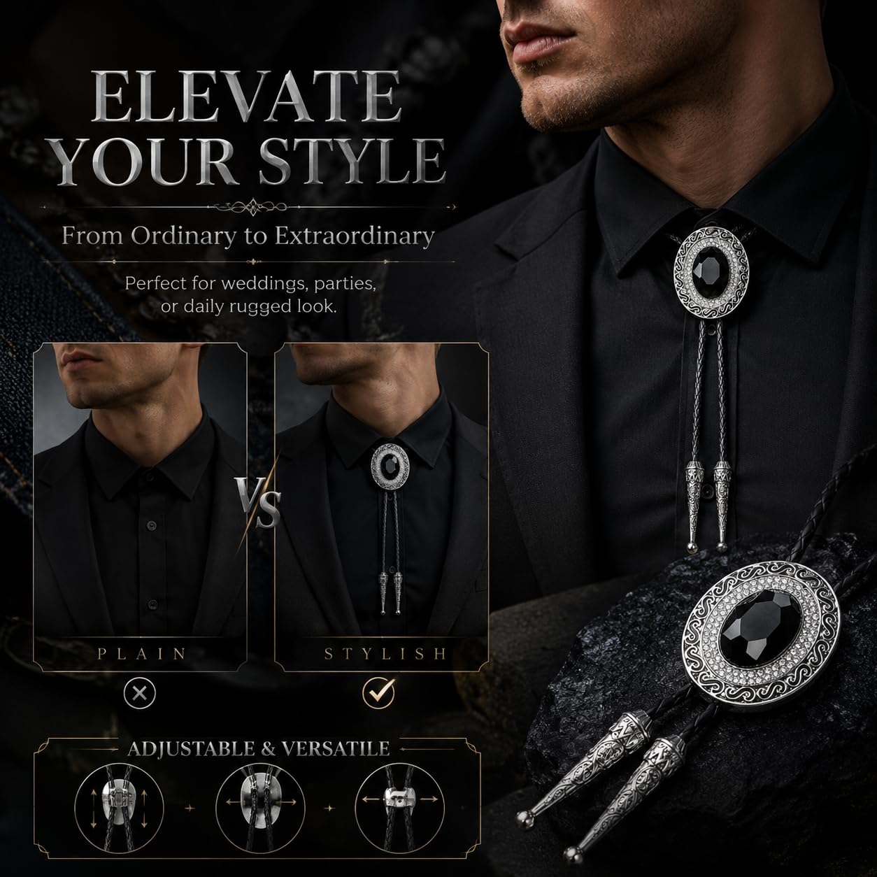 Doitby Rhinestone Bolo Tie for Men, Western Cowboy Necktie Leather Bolo Ties Necklace for Men Women