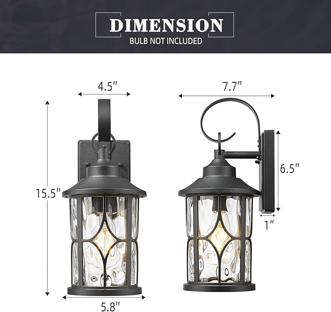 zeyu 2 Pack Industrial Wall Mounted Lights, 16 Inch Outdoor Wall Sconce Lantern, Die-Cast Aluminum, Black Finish with Water Ripple Glass, ZX111B-2PK BK-WG