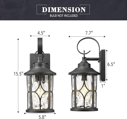 zeyu Wall Mounted Lantern Light, 15.5 Inch Outdoor Wall Light Fixtures for House in Black Finish, Die-Cast Aluminum with Water Ripple Glass, ZX111B BK-WG