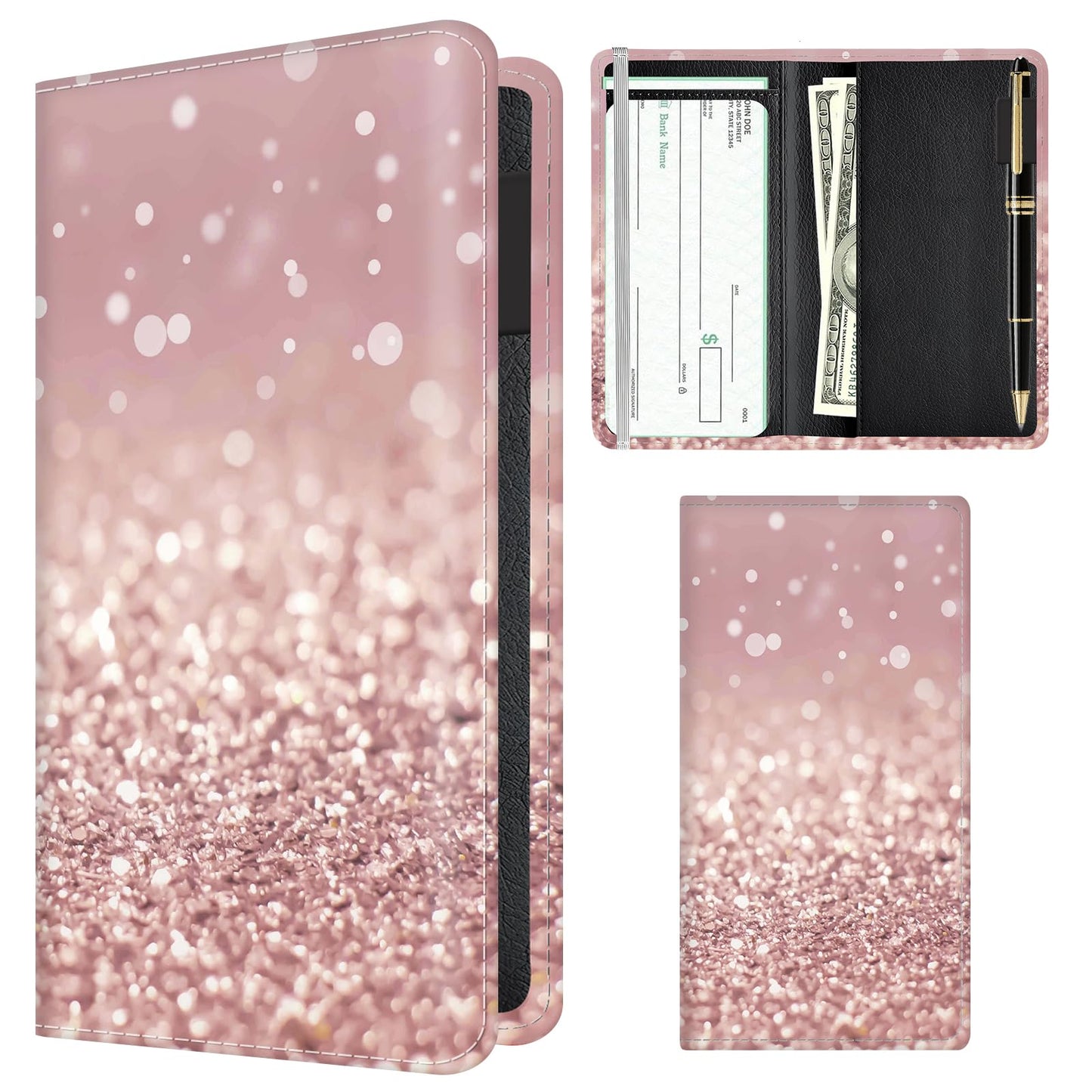 APVDSH Checkbook Cover for Personal Checkbook, Cute Pu Leather check book for Women & Men, Slim Checkbook Holder with Pen Holder and Built-in Clear Plastic Divider Rose Gold Glitter