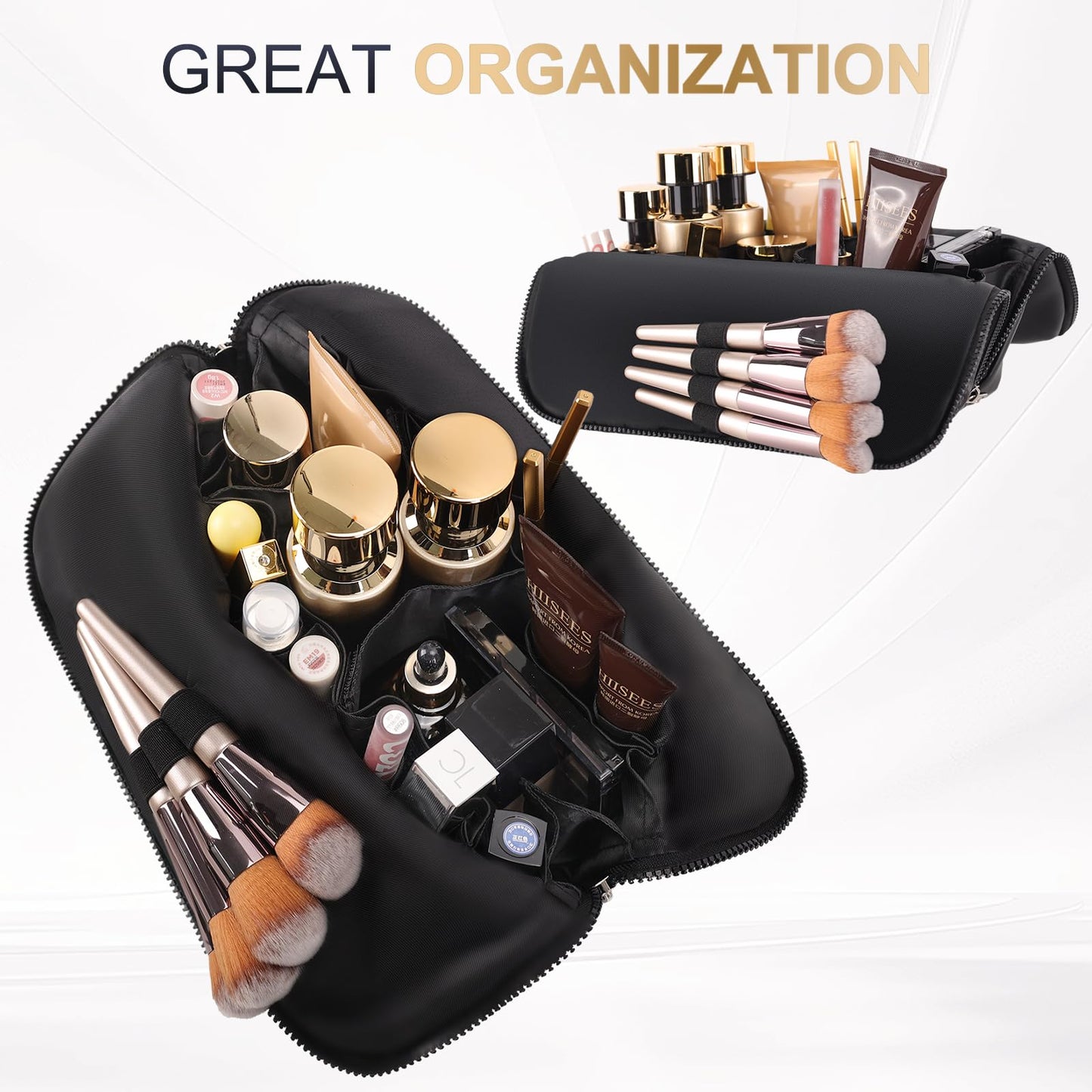 dadop Travel Makeup & Toiletry Bag, Large Waterproof Cosmetic Bag Organizer With 28 Pocket & Adjustable Compartments & 4 Brush Holders