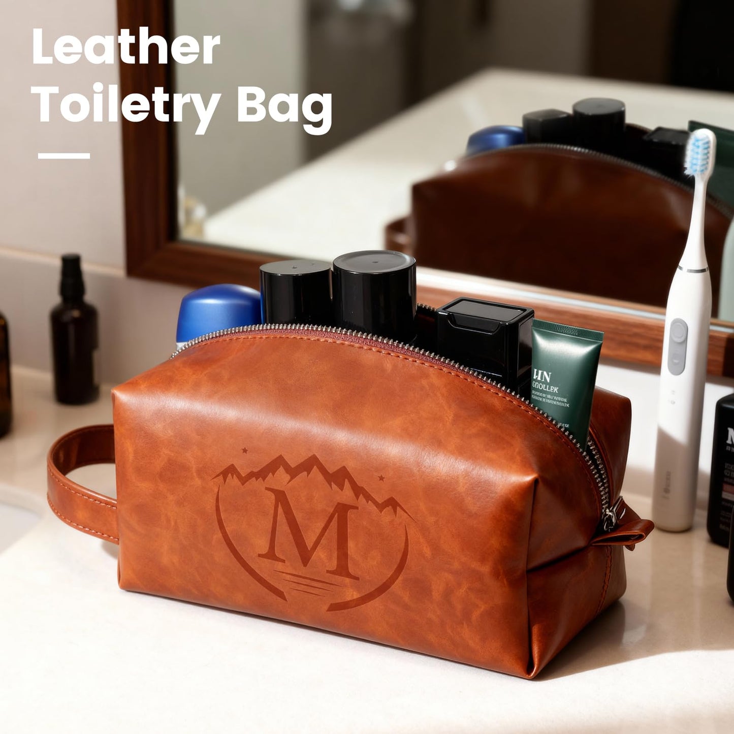 Mens Toiletry Travel bag,Personalized Toiletry Bag for Men,Water Resistant PU Leather Toiletry bag Men,Brown Toiletries Travel Bag for Shaving,Birthday Gifts for Men Him Father Husband Dad -M