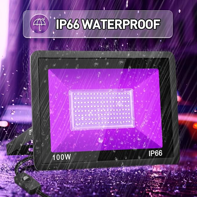 100W Black Light, 2Pack Indoor Outdoor Blacklight with Plug and Switch, Ip66 Waterproof, 365 NM UV Light for Glow Neon Party, Body Painting, Fluorescent Tapestry