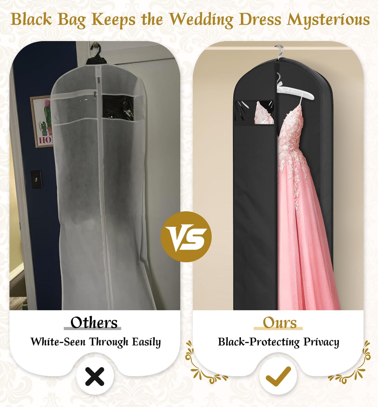 KEETDY Wedding Dress Garment Bag for Travel with 4" Gusseted Long Hanging Dress Bags for Gowns for Women Garment Cover Clothes Storage for Closet (Black, 72 inch)