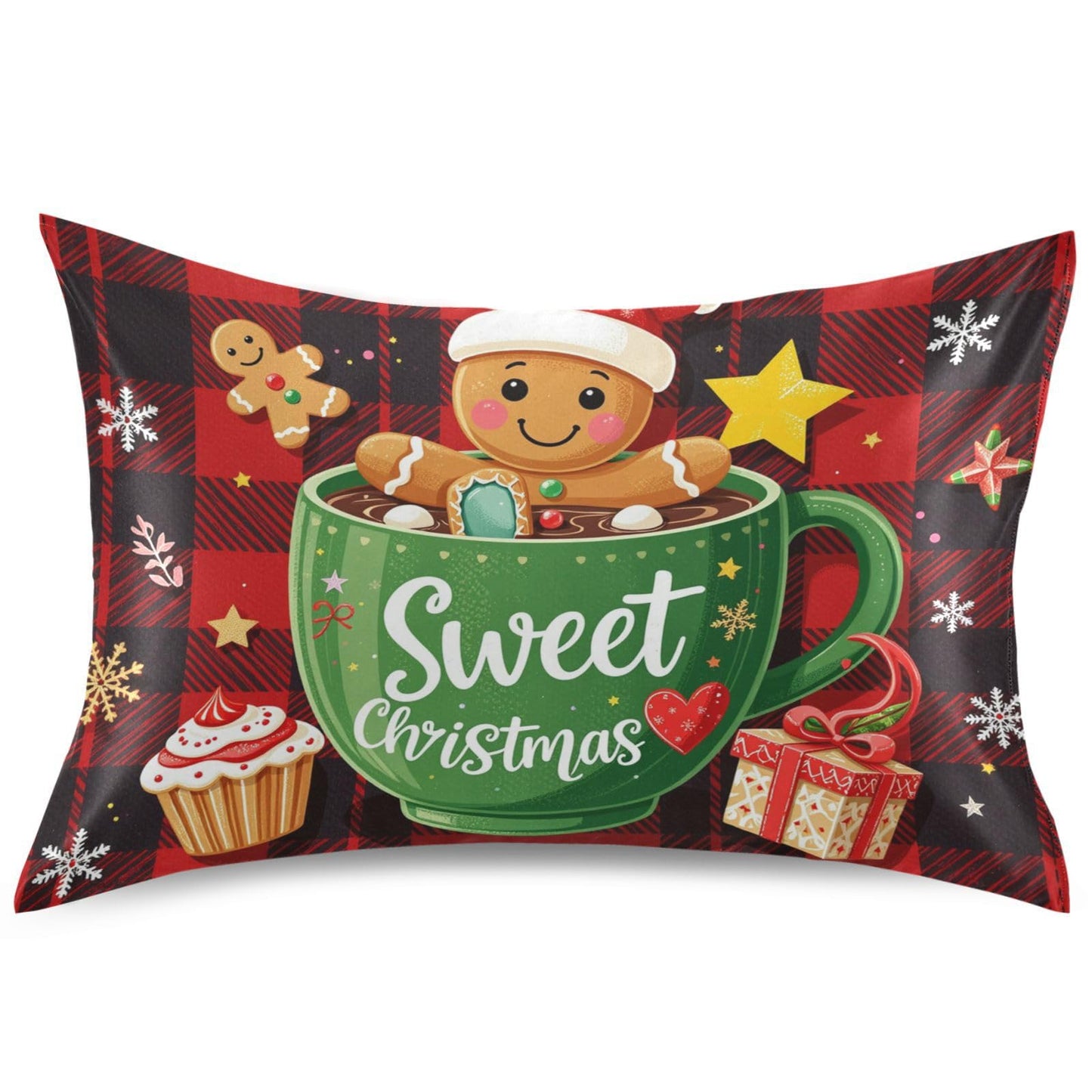 Gredecor Christmas Winter Satin Pillowcase Queen Size Sweet Gingerbread Red Black Plaid Pillow Cases Silky Pillow Cover for Home Sofa Bedroom 20x30 in