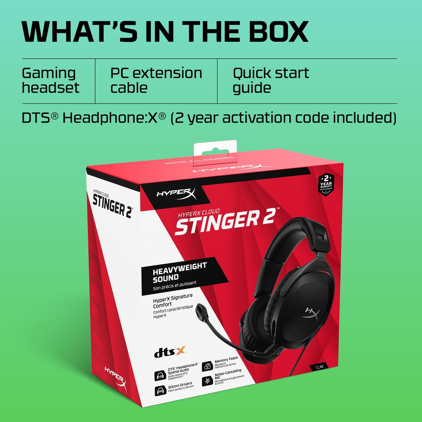 HyperX Cloud Stinger 2 – Gaming Headset, DTS Headphone:X Spatial Audio, Lightweight Over-Ear Headset with mic, Swivel-to-Mute Function, 50mm Drivers, PC Compatible, Black