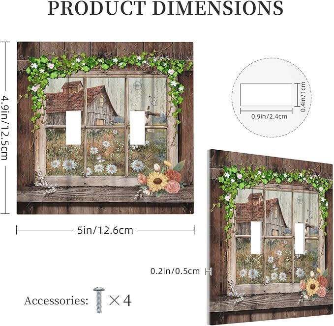 Farm Barn Farmhouse Rustic Country Flower Double Toggle Light Switch Cover Decorative 2 Gang Wall Plate Electrical Switchplate Faceplate for Bathroom Kitchen Decorate Accessories