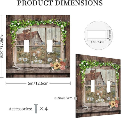 Farm Barn Farmhouse Rustic Country Flower Double Toggle Light Switch Cover Decorative 2 Gang Wall Plate Electrical Switchplate Faceplate for Bathroom Kitchen Decorate Accessories