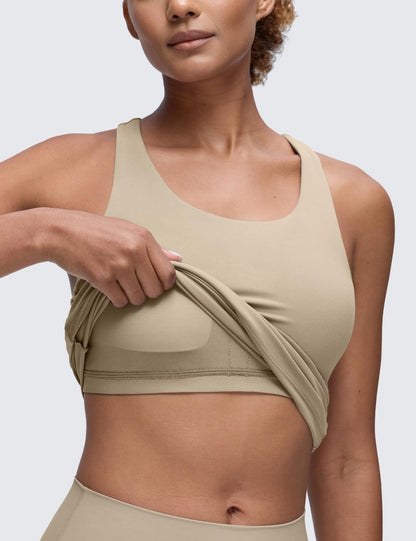 CRZ YOGA Butterluxe Workout Racerback Tank Tops for Women - Padded Athletic Spandex Yoga Shirts with Built in Bra Oak Large
