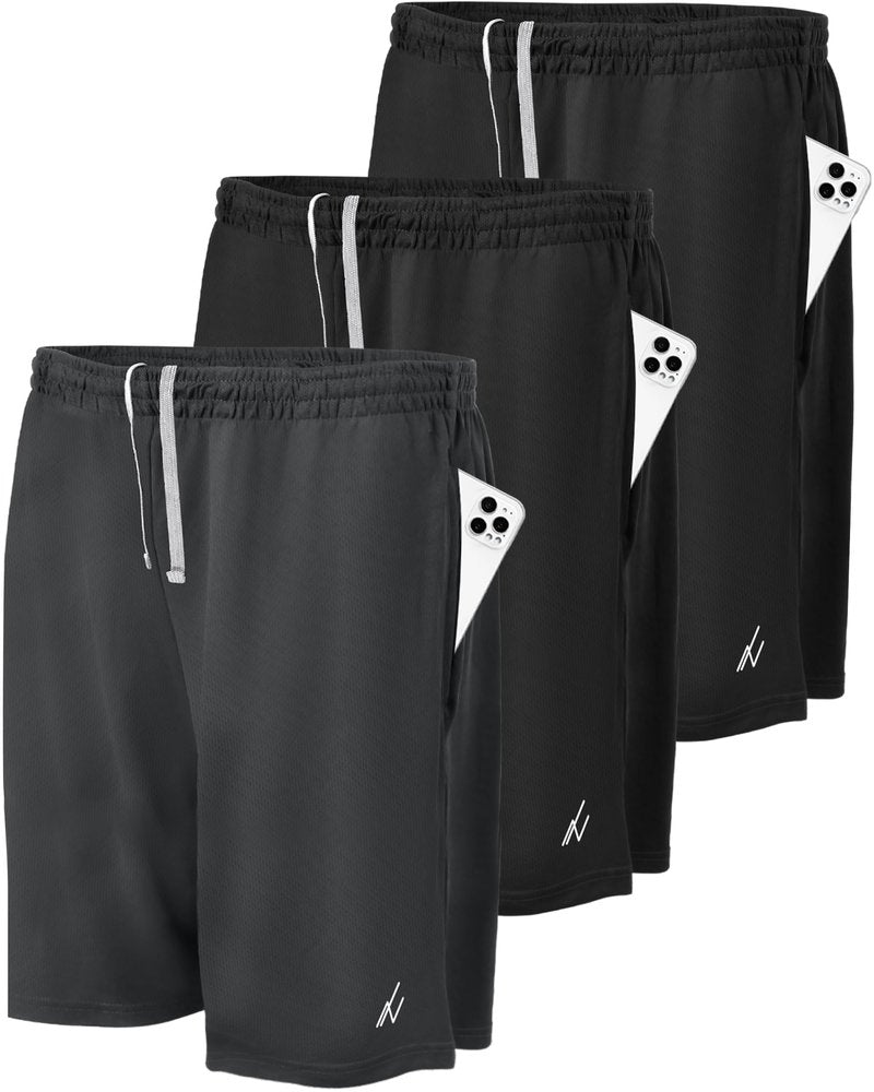 NY Threads 3 Pack Men's Athletic Shorts Quick Dry Lightweight Workout Running Gym Shorts with Pockets, Large, Black/Black/Dark Grey