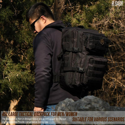 R.SASR 45L Black Tactical Backpack Military Assault Pack, MOLLE System Large 3 Day Bug Out Bag for Men Women Hiking Camping(Black-01)