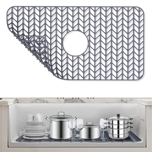 AWOKE Sink Protectors for Kitchen Sink - 26"x 14" Sink Mat - Heat-resistant Easy-clean Silicone Sink Mat - for Protection of Stainless Steel Sink - with Center Drain (Grey),Kitchen Sink Accessories