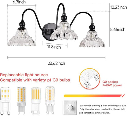 Vintage Bathroom Vanity Light Fixtures Antique 3-Light Black Vanity Lights Crystal Glass Shades Bathroom Lighting for Mirror Bedroom