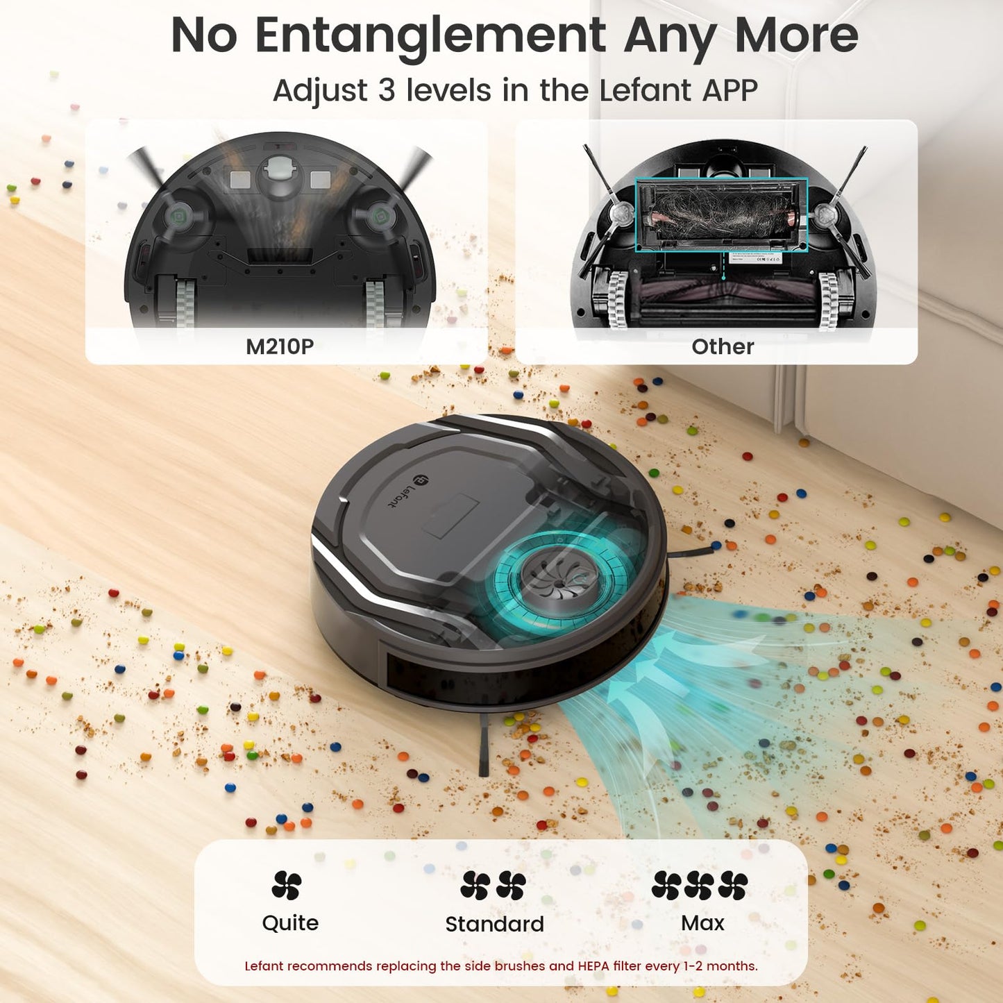 Lefant Robot Vacuum Cleaner, 120 Mins Runtime, Compact Design, Low Noise, Powerful Suction, Wi-Fi/App/Voice Control, Self-Charging, Scheduled Cleaning, Ideal for Pet Hair and Hard Floors, M210 Black