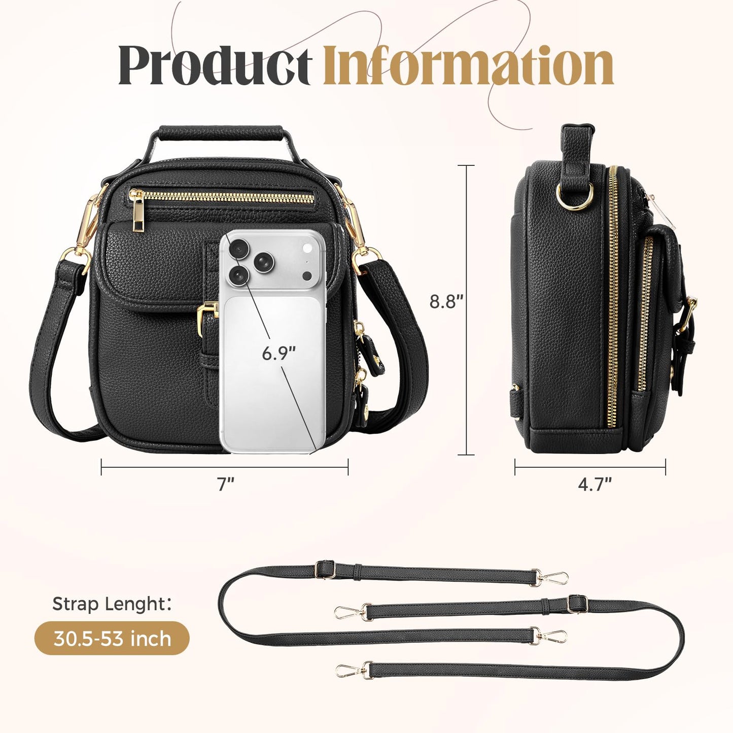 crawing Vegan Leather Crossbody Bag for Women with 2 Straps, Small Messenger Bag with Wallet, Anti Theft Shoulder Bag (Black)