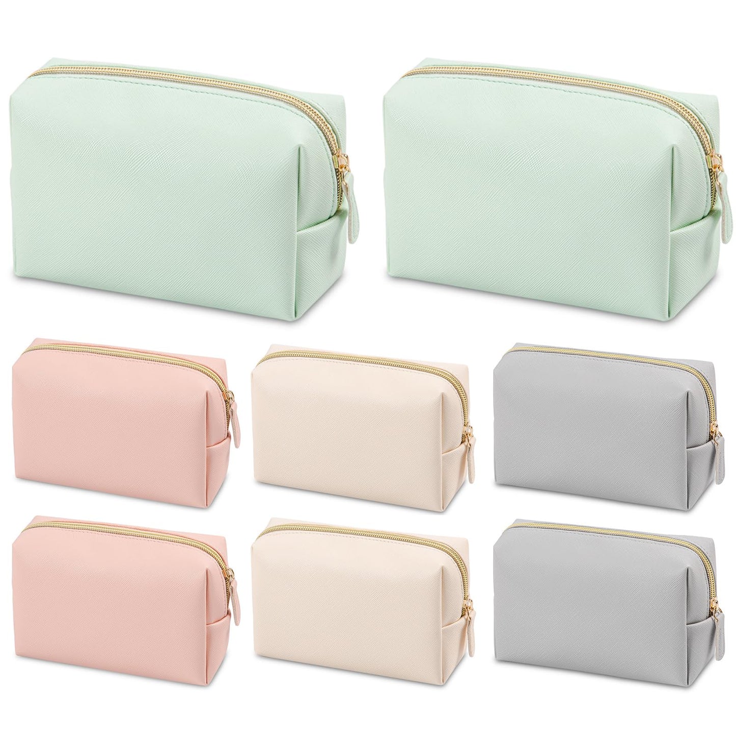 Merkaunis 8 Pcs Preppy Makeup Bag Set, PU Leather Cosmetic Pouch Waterproof Portable Travel Toiletry Bag for Women, Small Makeup Bags Bulk - Gift for Bridesmaid Party (Pink/Beige/Gray/Light Green)