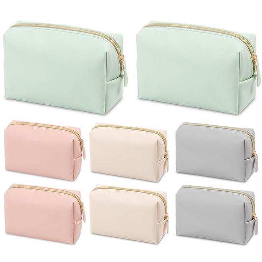 Merkaunis 8 Pcs Preppy Makeup Bag Set, PU Leather Cosmetic Pouch Waterproof Portable Travel Toiletry Bag for Women, Small Makeup Bags Bulk - Gift for Bridesmaid Party (Pink/Beige/Gray/Light Green)