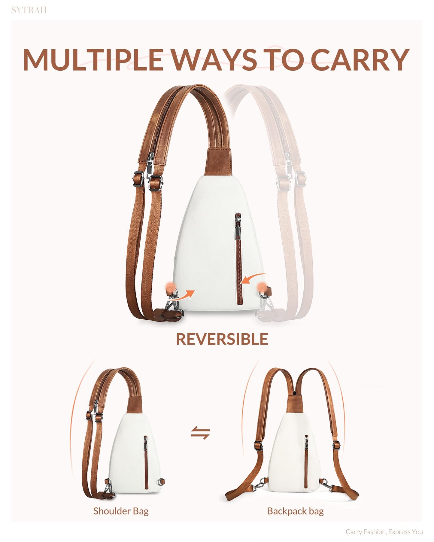 SYTRAH Sling Bag for Women, Crossbody Bags for Women Trendy Crossbody purse Vegan Leather Sling Backpack Chest Bag with Dual purpose Strap, Beige Brown