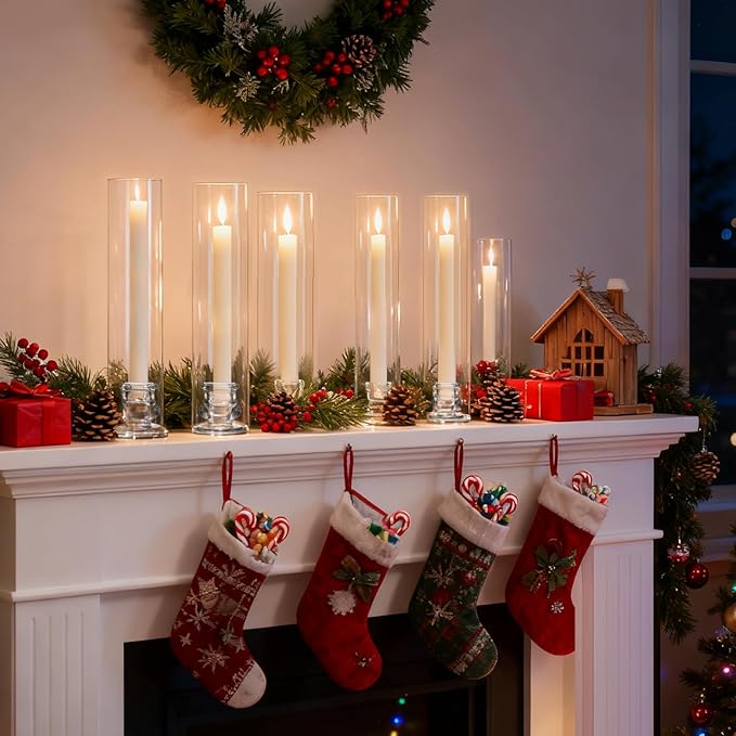 12 Set Hurricane Glass Candlestick Holders 12.6" Two Side Open Glass Candle Holders and 2.2" Taper Candlesticks Holder Bulk for Table Centerpiece Wedding Christmas Home Decor