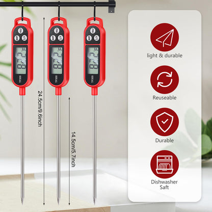 6 Pcs Instant Read Meat Thermometer with Long Probe 9.65 Inch Kitchen Cooking Food Candy Waterproof Digital Thermometer for BBQ Water Milk Yogurt Liquid (Round&Square Ring,Black,White,Red)