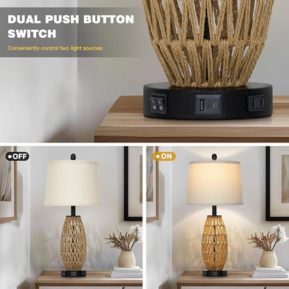 27" Boho Rattan Table Lamp with Night Light, Wicker Bedside Lamp with USB A+C Charging Port & AC Outlet, Woven Coastal Bedroom Lamps for Nightstand, Tall Farmhouse Lamps for Living Room Single