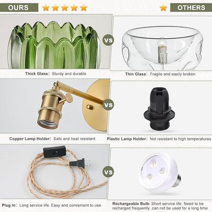 Plug in Wall Sconce, Vintage Sconce Light with Tulip Green Glass Lampshade, 180° Adjustable Wall Sconce with Switch and Plug in Wall Lamp Cord, Gold Wall Light for Bedroom Bedside