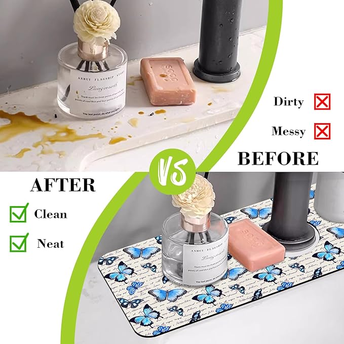 Sink Splash Guard Faucet Mat Watercolor Butterflies Absorbent Fast Drying Mat