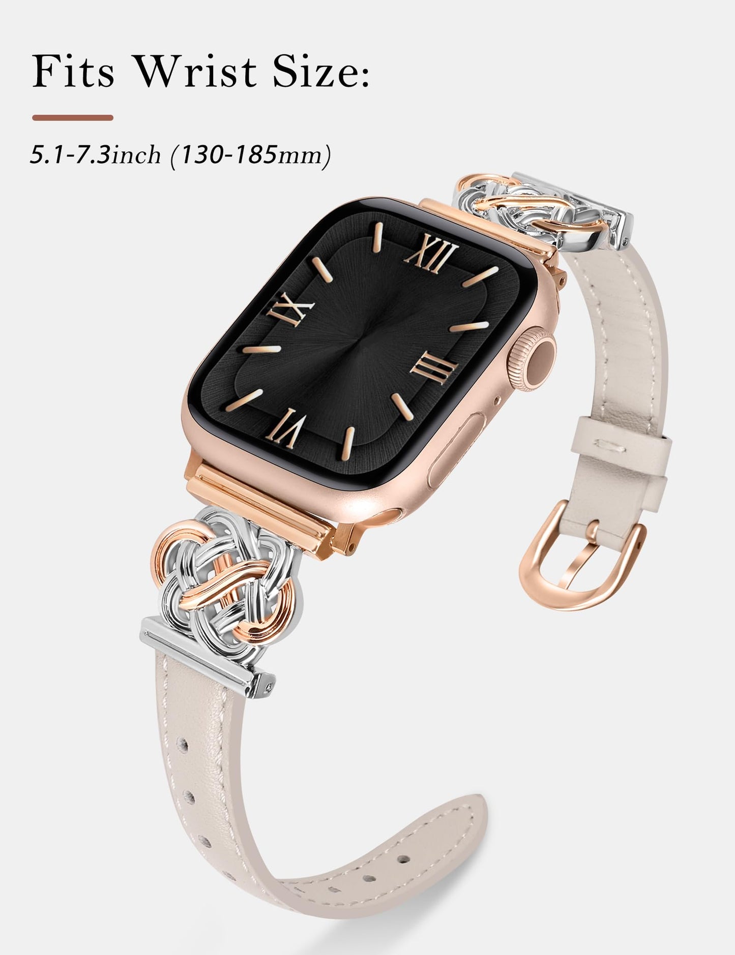 Minyee Celtic Knot Leather Band Compatible with Apple Watch Band 38/40/41/42mm Women, Elegant Interlock Buckle Thin Premium Leather Strap for iWatch Series 11 10 9 Ultra SE 8 7 6 5 4 3 2 1, Starlight