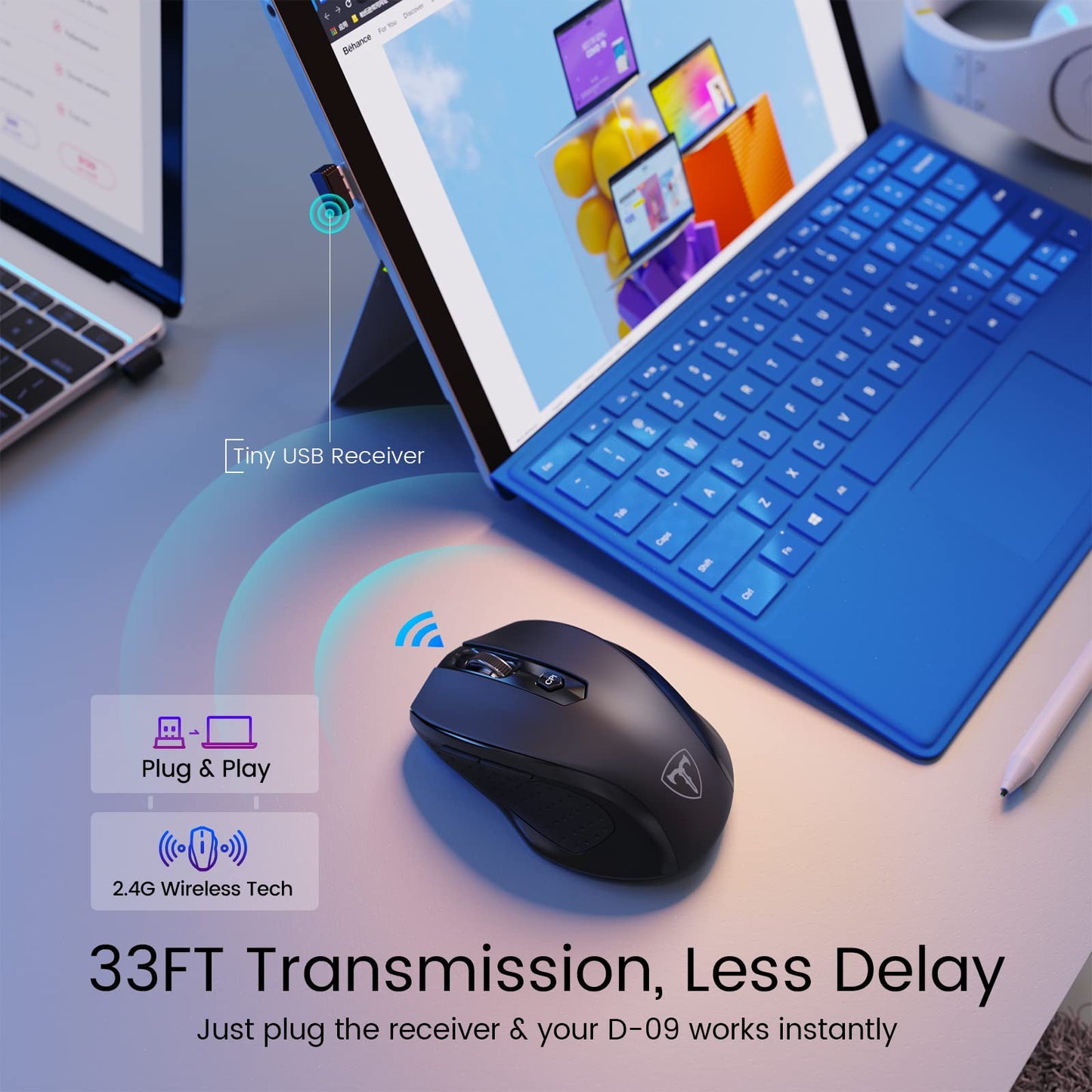 Wireless Mouse, D-09 Computer Mouse USB Cordless Mice for Laptop, Ergo Grips, Lightspeed 5-Level 2400 DPI, 16 Months Battery, Portable for PC Mac Chromebook (Black)