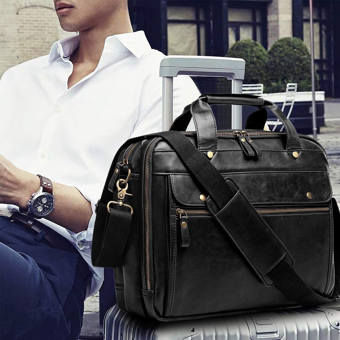 Bosidu Leather Briefcases for Men 15.6 Inch Laptop Messenger Bag with Triple Compartments Water-Resistant Computer Shoulder Bag for Business, Travel, Work, Office, Black