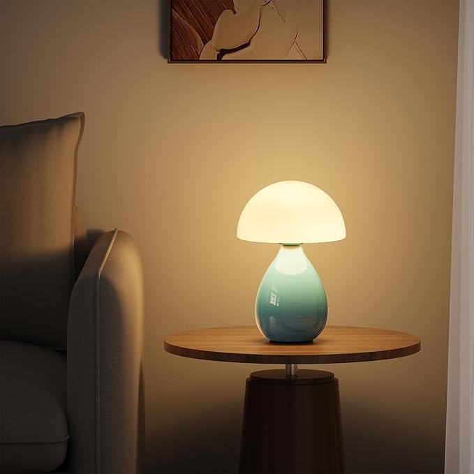 Mushroom Side Table Lamp, Mini Modern Lamp Small Vintage Table Bedside Nightstand Light, Small Light Dimmable for Bedroom, Living Room, Ceramic Base Glass Led Home Decor for Woman Gifts