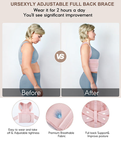 URSEXYLY Back Brace Posture Corrector for Women Adjustable Shoulder Straightener Full Back Support Upper, Lower Back Pain Relief,Spine Straightener Posture Corrector (Pink, XX-Large)