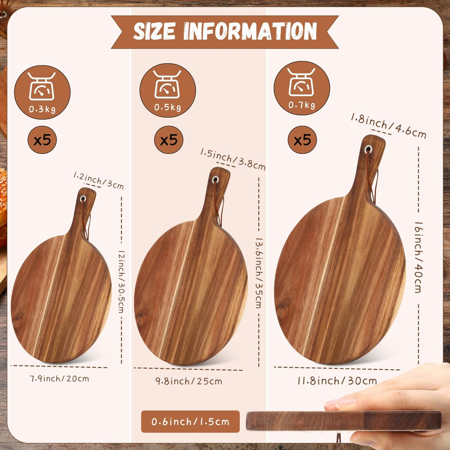 Uiifan 15 Pcs Round Acacia Wood Cutting Board Set with Handle Thick Wooden Charcuterie Board Bulk Large Paddle Chopping Set for Christmas Serving Meat Pizza Bread Baking (3 Sizes)