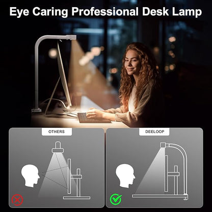 deeloop 48cm LED Desk Light,CRI 95+ Bright Desk Lamp for Home Office, 4 Colors & Infinite Dimming Reading Lamps with Timer & Memory Function, Standing Lamp with Clamp for Table Working Monitor