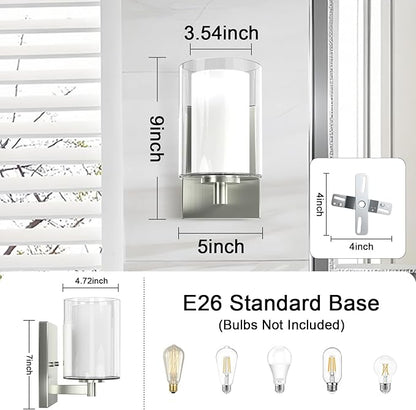 Wall Sconces Set of Two: Bathroom Sconce of 2, Silver Vanity Fixtures with Double Clear Glass Shade, E26 Base Hardwired Farmhouse Wall Lights for Bedroom Living Room Bathroom (Bulb not Included)