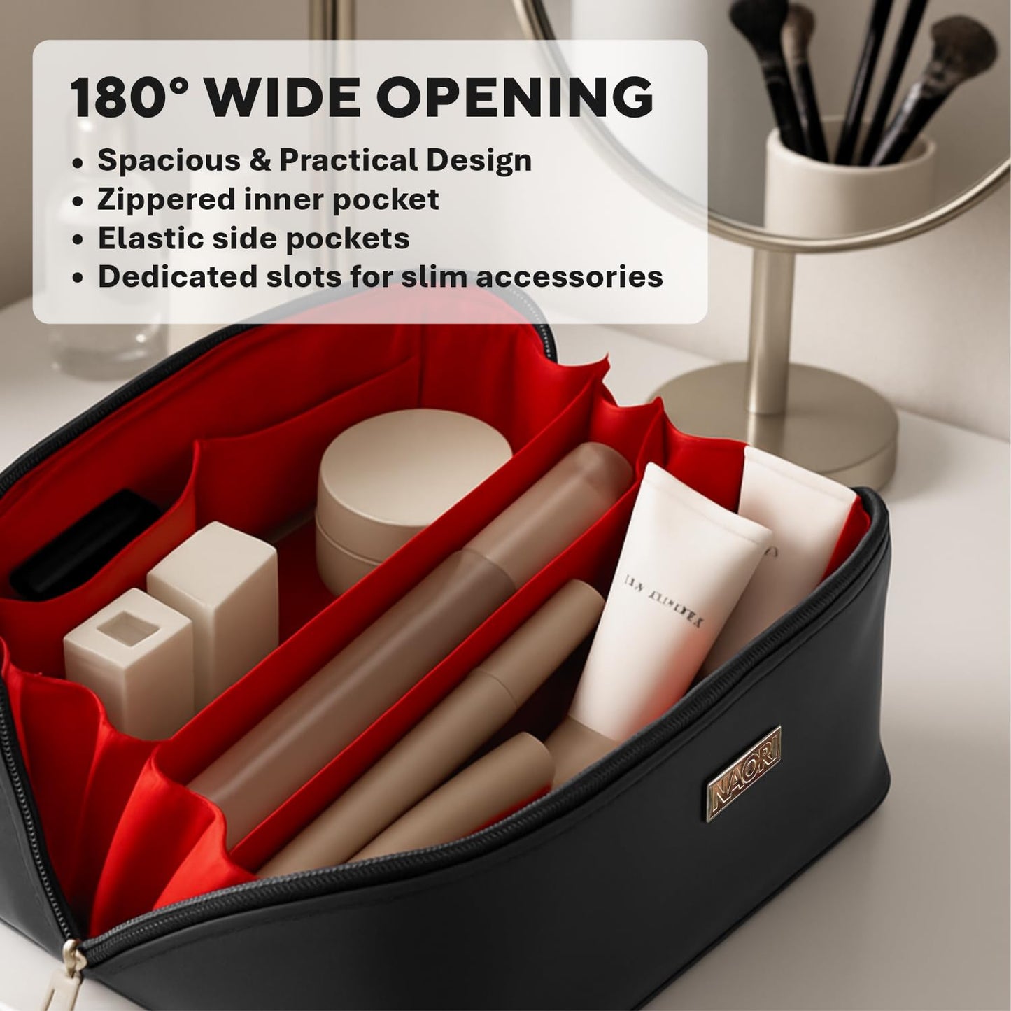 NAORI Travel Makeup Bag for Women | Large Luxury Cosmetic Organizer with Handle & Inner Pockets | Waterproof Faux Leather Toiletry Bag | Makeup Case for Home, Travel & Gifting (Elegant Black)