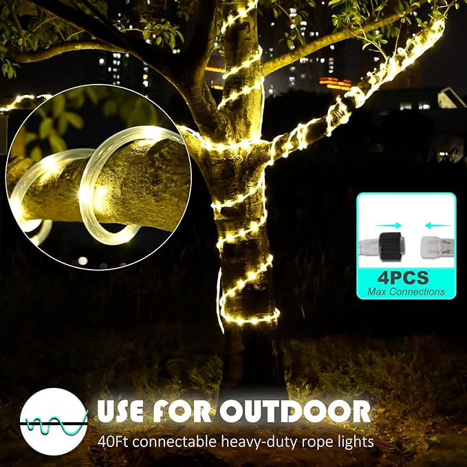 40ft 120 LED Rope Lights, Outdoor Rope Lights Plug in Outdoor Tube Light for Garden, Patio, Party, Christmas (Warm White)