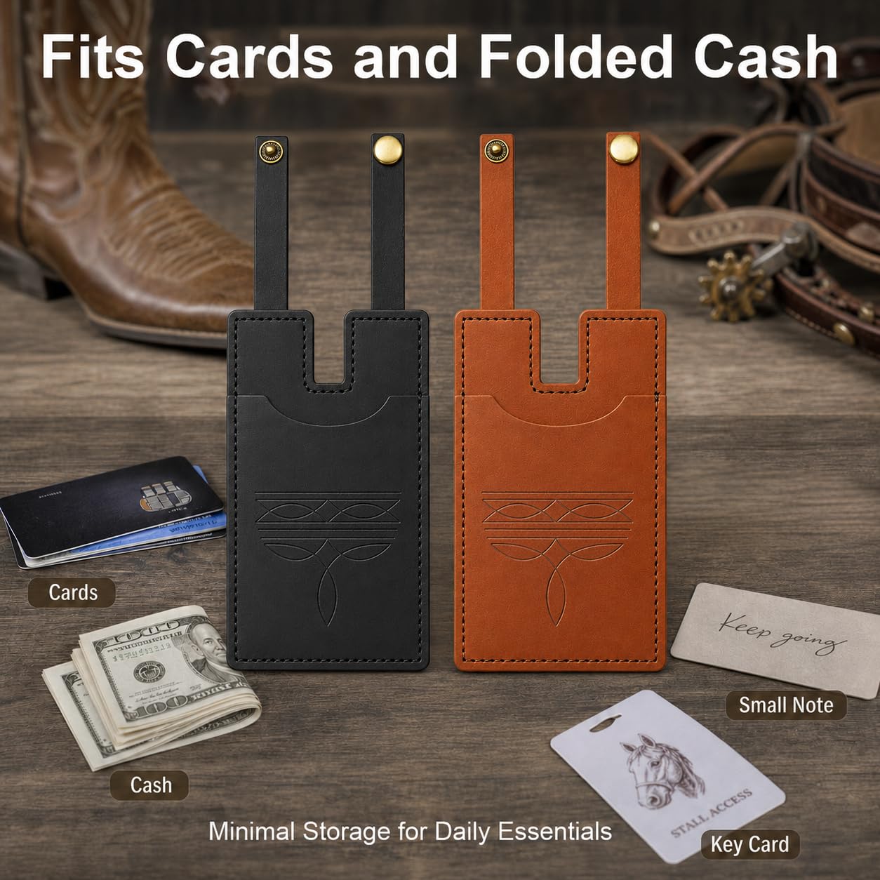 RJLCTH 2 Pcs Western Boot Wallet for Women, Brown/Black Leather Credit Card Holder, Snap Strap Insert for Standard Women's Western Boots, Casual Storage for Rodeos and Country Concerts