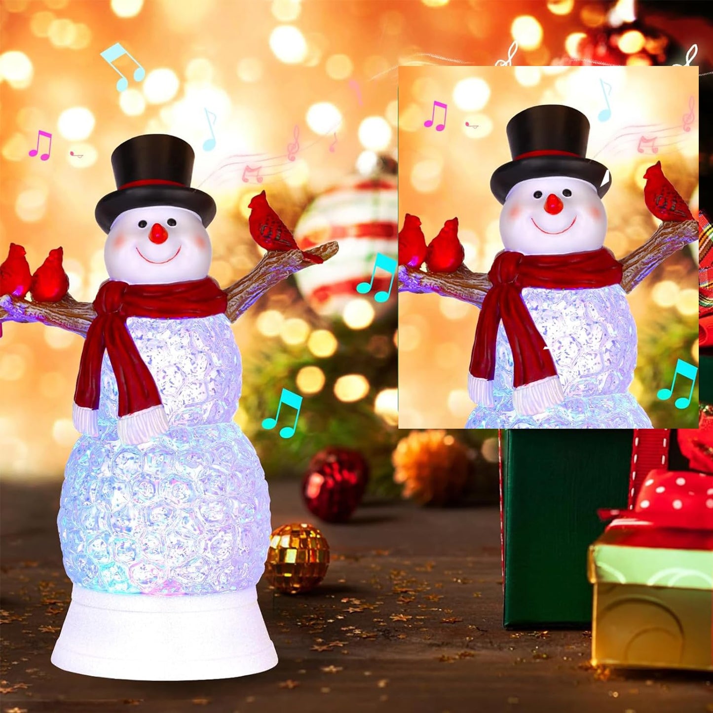 LEYUPEAK Christmas Snowman Snow Globe, Lighted Musical Cardinal Lantern with Glitter, Acrylic Snowman Figurines Holiday Tabletop Decorations Cardinal Gift, USB & Battery Operated, 6h Timer