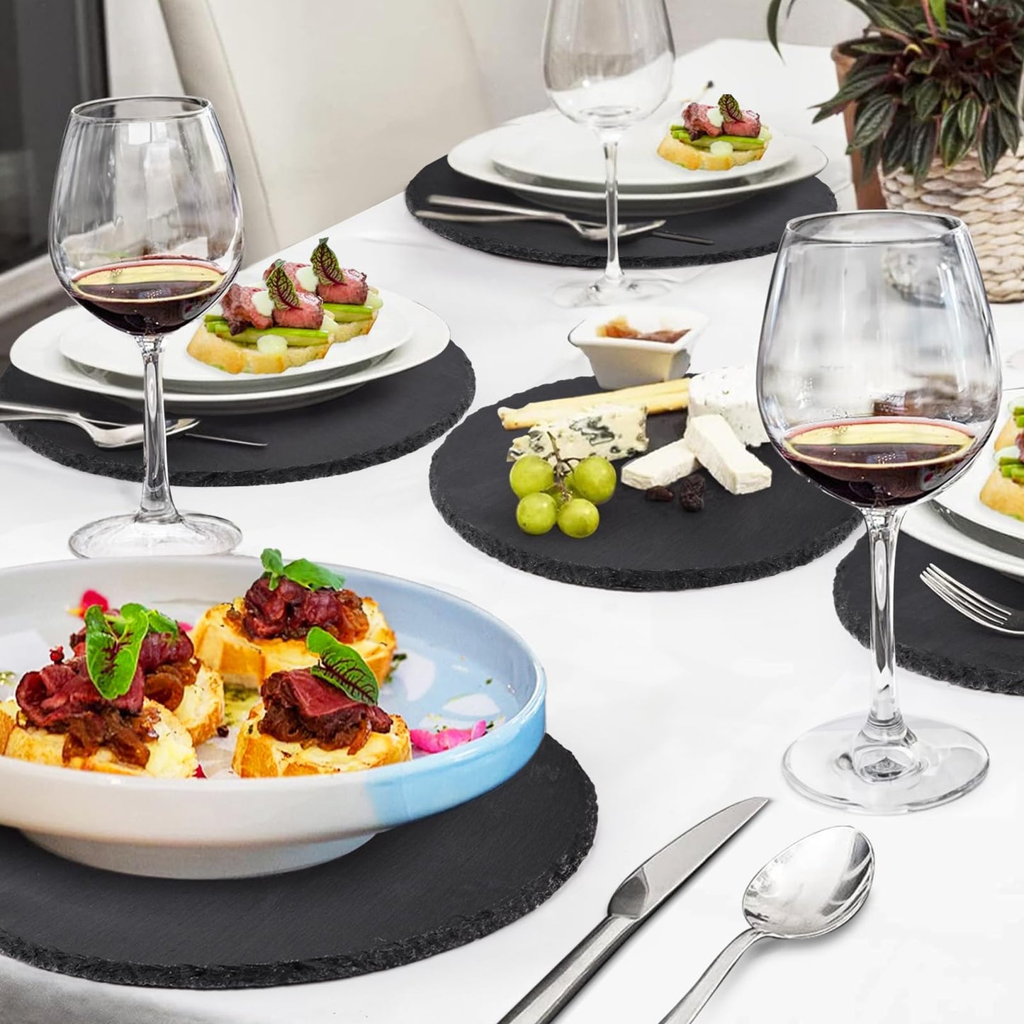 MAPRIAL 11 x 11 In 4 Pack Slate Cheese Boards, Round Black Stone Plates Charcuterie Boards Serving Tray Slate Platter for Halloween Christmas, Party, Gifts
