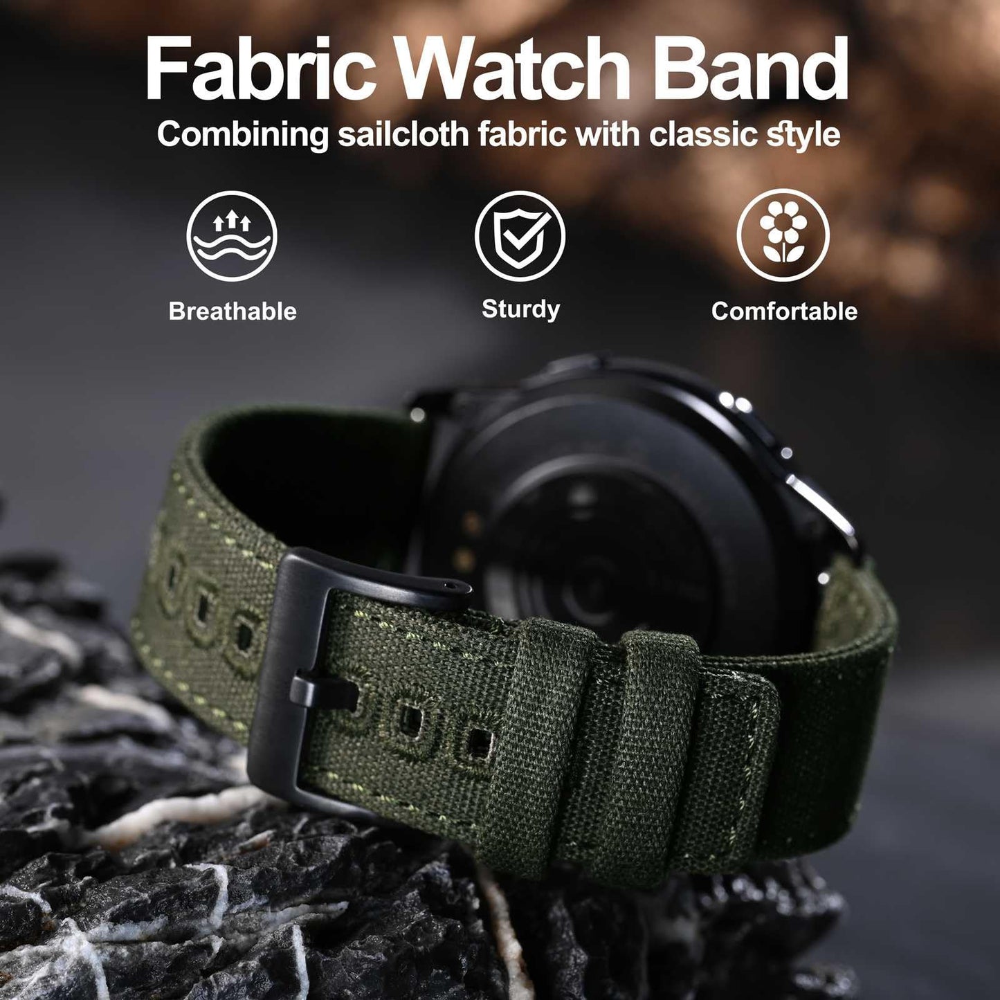 WOCCI 18mm Watch Band, Canvas Fabric, Quick Release, Replacement Strap, Black Buckle (Army Green)