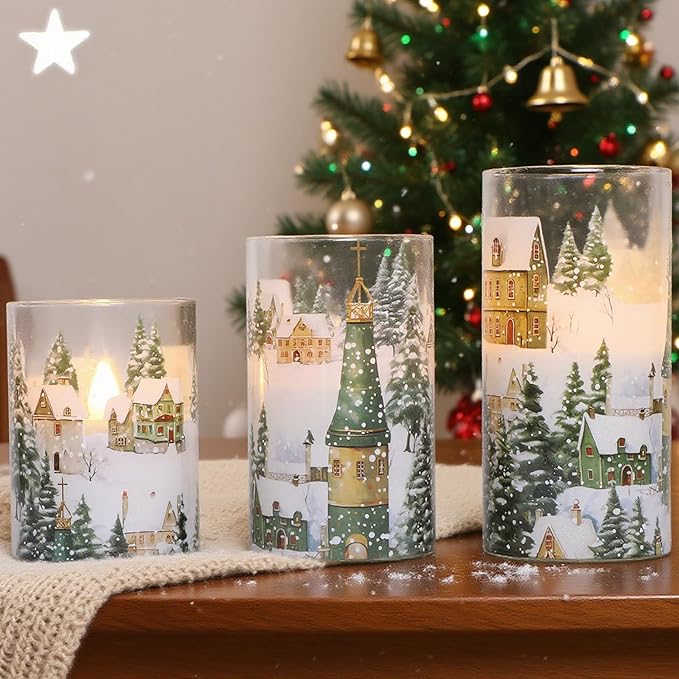 Christmas Flickering Flameless Candles Village House Decor Glass Real Wax LED Battery Operated Pillar Candle with Remote Timer Christmas Church Decorations for Home Party, Winter Holiday DIY, Gifts