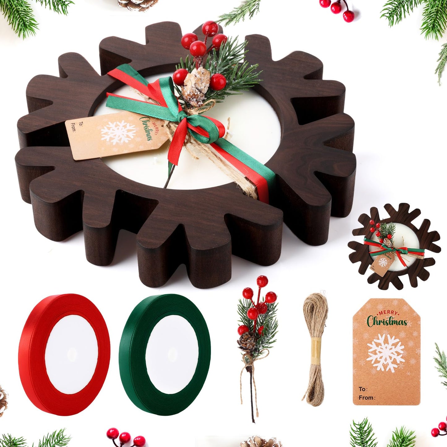 Potchen 1 Set Wooden Christmas Bowl Candle Gifts 14oz Large Rustic Wood Christmas Dough Bowl Candle with Berries Pine Label for Xmas Farmhouse Table Centerpiece Decor, 11.81 x 9.84 in(Snowflake)