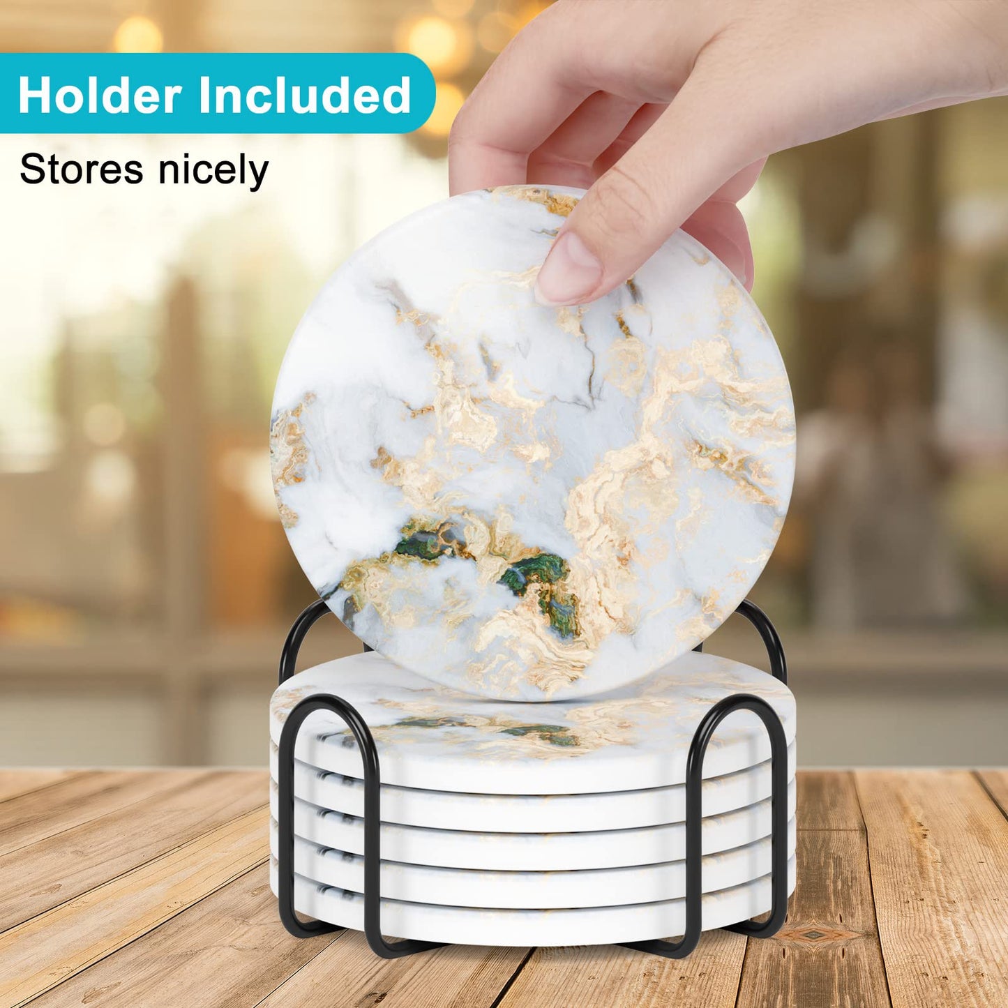 Nipichsha Coasters for Drinks, Set of 6 Cute Absorbent Ceramic Drink Coasters for Cup with Holder and Cork Base, Kitchen Home Decor Housewarming Gift, Round 4 in, White Gray Gold