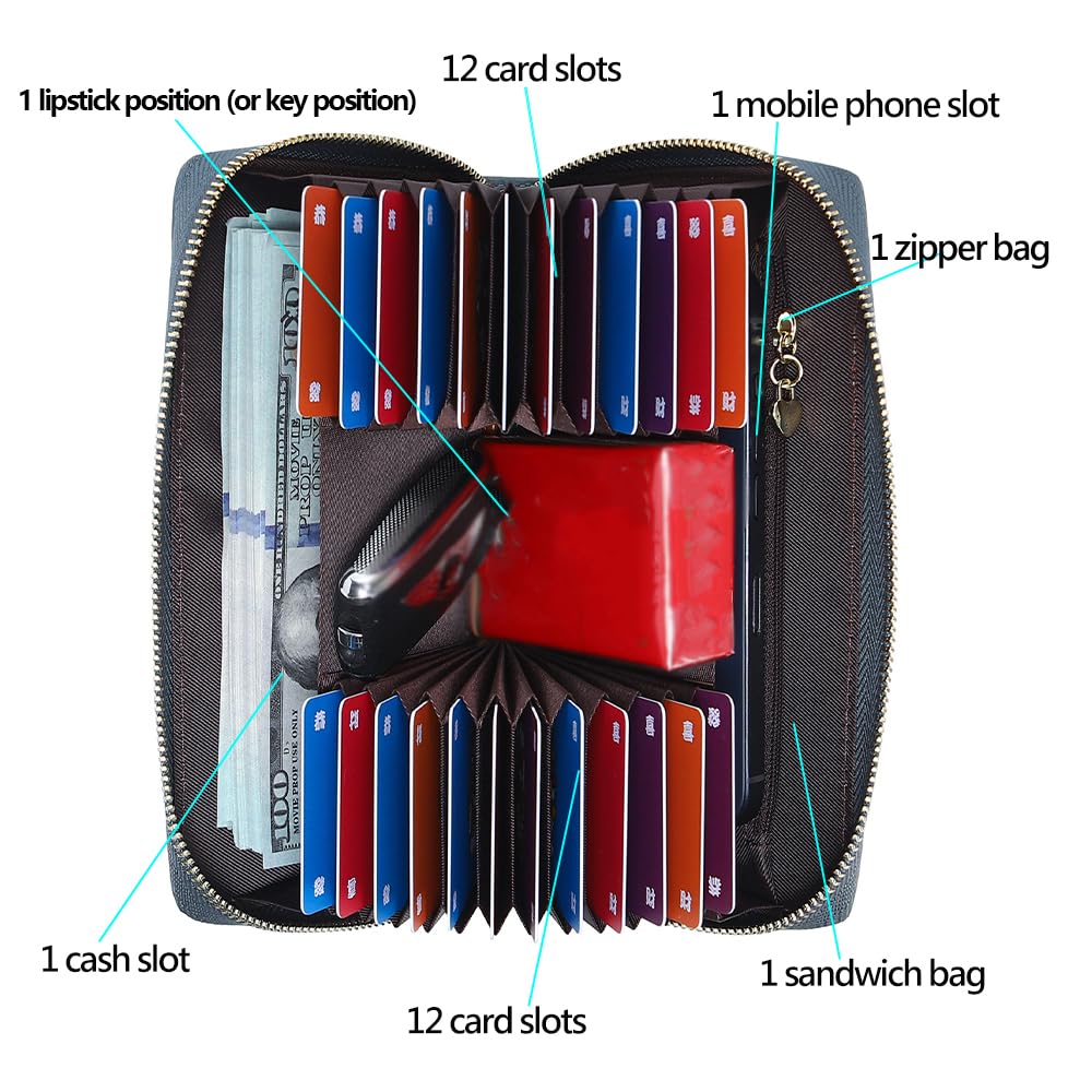 Fashionable long RFID leather women's wallet, large capacity multi slot phone case, zipper closure, detachable wrist strap, hand-held wallet (Light Blue)
