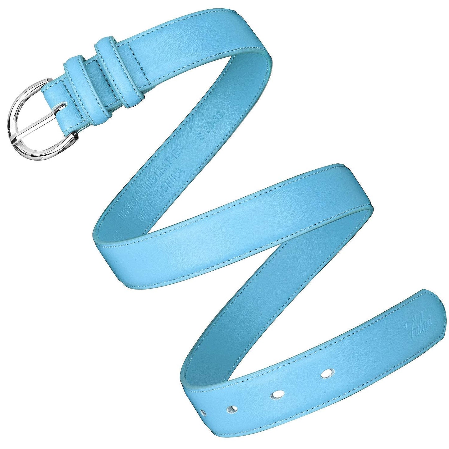 Falari Women Genuine Leather Belt Fashion Dress Belt With Single Prong Buckle 6028-LightBlue-L
