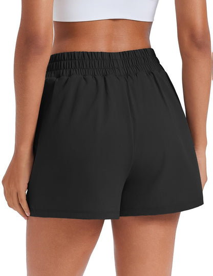 PINSPARK Women's Workout Shorts with 4 Pockets 2 in 1 Running Shorts High Waisted Athletic Shorts 3" Quick Dry Gym Training Shorts Black M