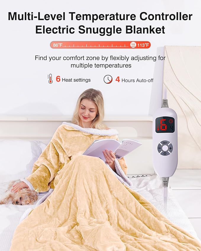 Heated Blanket with Sleeves, Wearable Electric Heated Blanket for Gifts, Electric Throw Wrap Poncho Shawl with Pockets, 6 Heating Levels & 4 Hours Time Settings, 50 x 70 Inch (Beige)