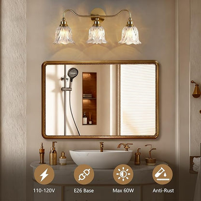 3-Lights Bathroom Vanity Light Gold Vintage Light Fixtures Floral Flower Matte Antique Brass Crystal Glass Shade, Wall Sconces Lighting for Living Room, Bedroom, Hallway（E12 Base）