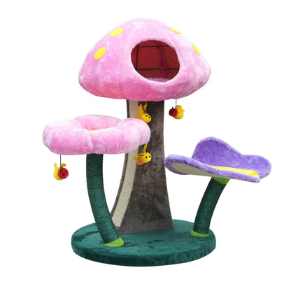 Catry® Wonderland 3-Level 31" Cat Tree with Mushroom Condo, Flower Perch, Sisal Scratching Pad, Parts Replaceable, Garden Style with Bee Toys. Multi- Color